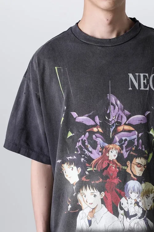 SAINT Mxxxxxx × EVANGELION NEON GNSIS TEE/BLK co-branded Neon Genesis Evangelion distressed short-sleeves, washed black S-XL, vintage NEW VINTAGE, top printing technology, garment dyeing, re-washed, distressed, correct co-branded main mark/washing mark